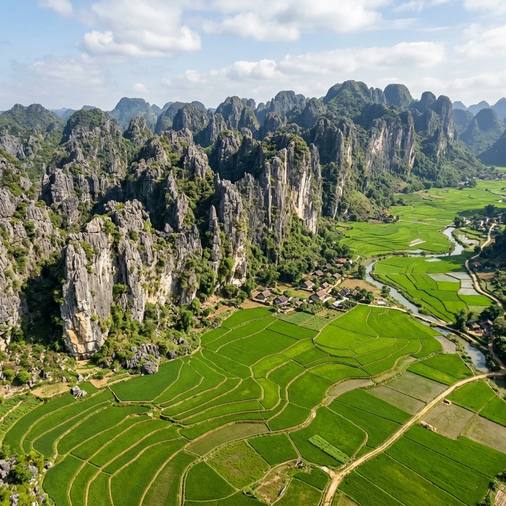 Rice paddies nestled among jagged limestone cliffs