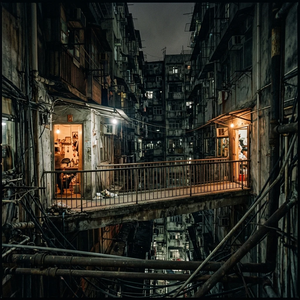 An upper-level footbridge connecting two buildings inside Kowloon Walled City at night