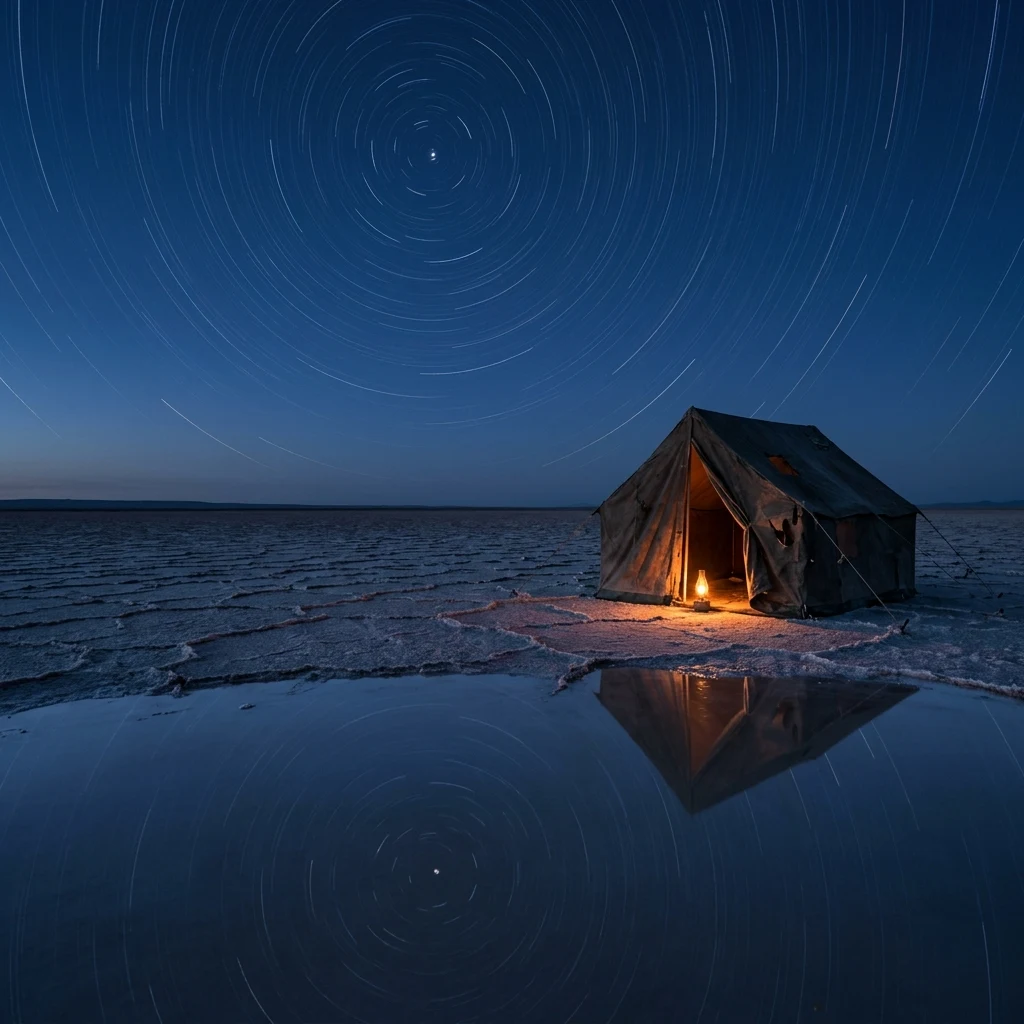 Tent on a salt flat at night