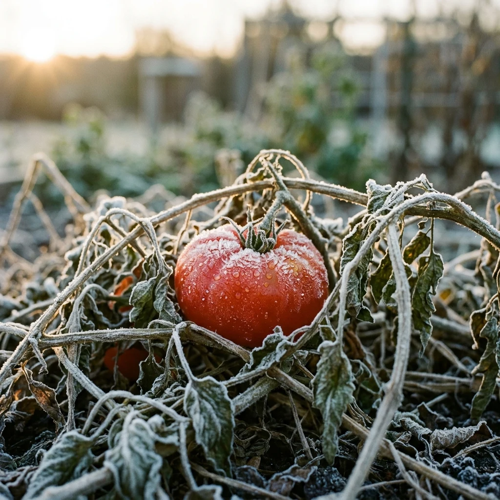 Frost on the last tomatoes of a backyard garden