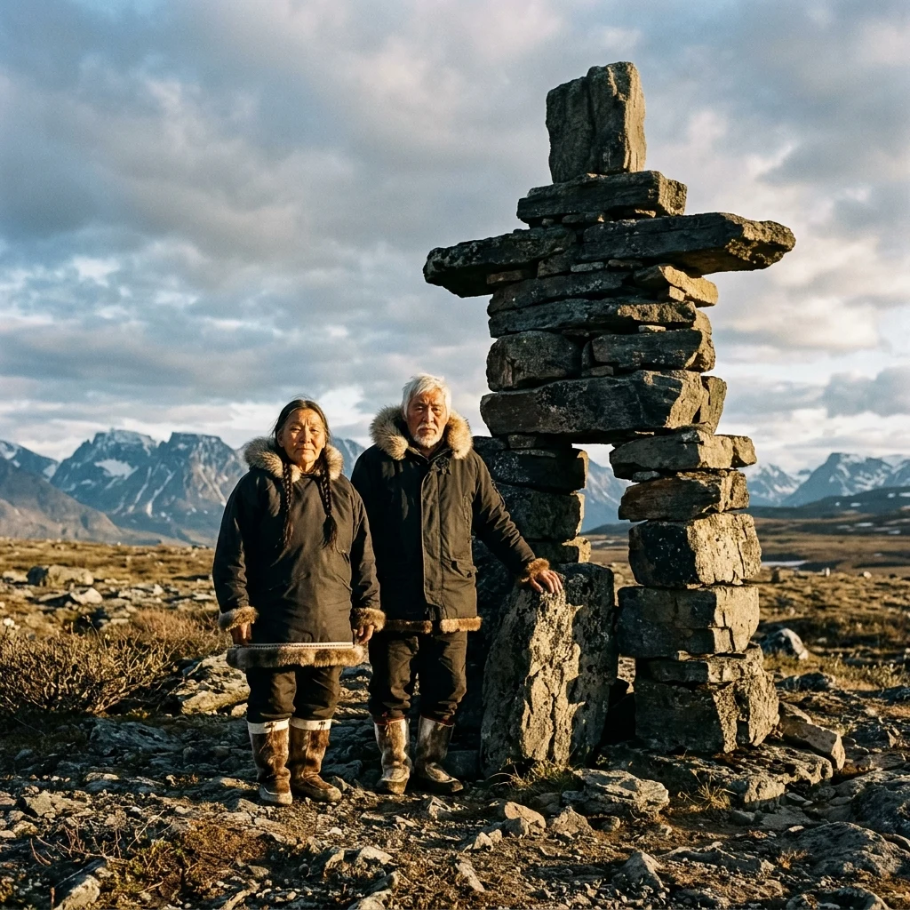 Inuit elders standing beside an ancient stone inukshuk atop a windswept plateau in the…
