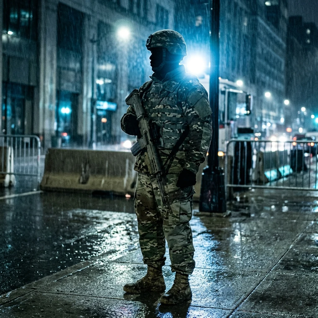 Figure standing at a rainy city checkpoint