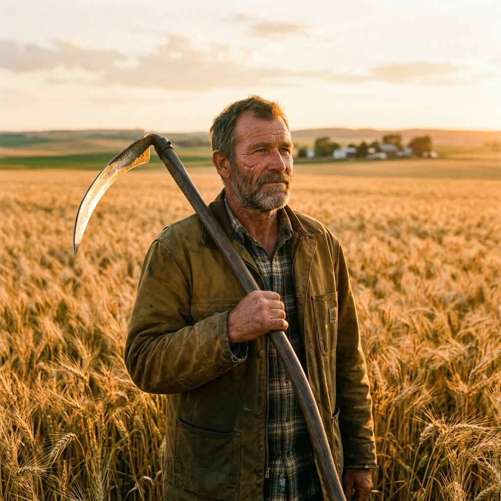 Farmer standing in a golden wheat field