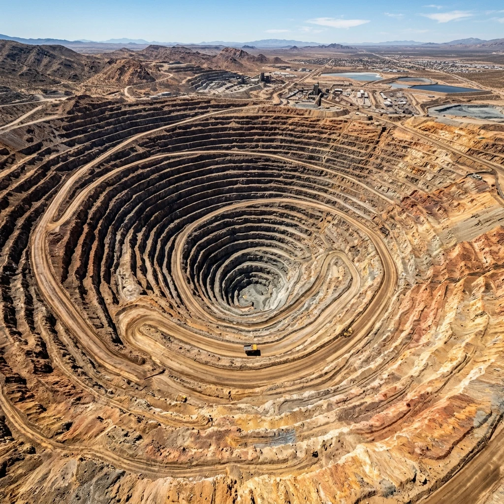 A drone photograph straight down over an open-pit copper mine