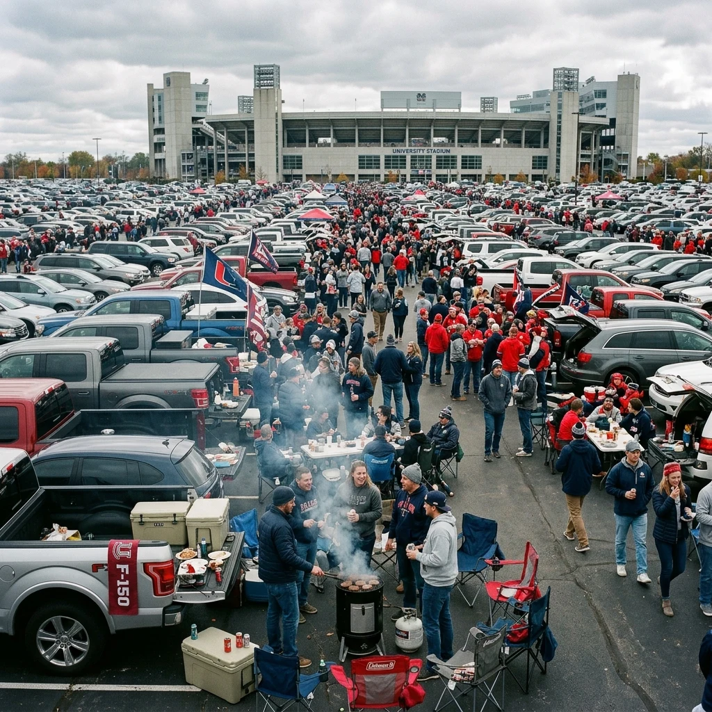 A tailgate in a stadium parking lot in November