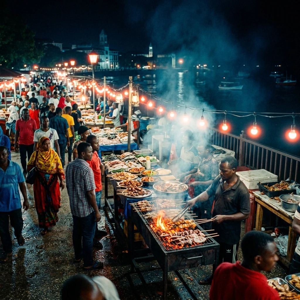 Night market food stalls by the ocean