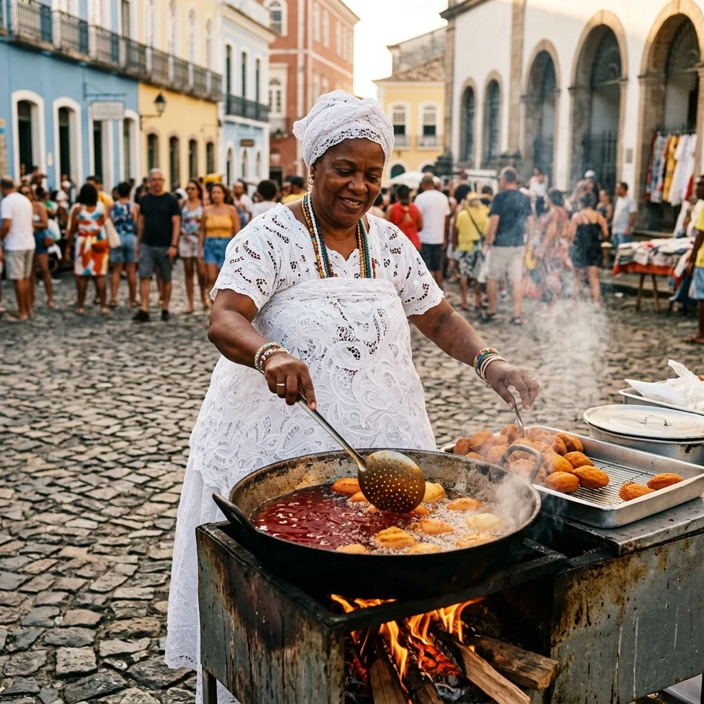 Cooking traditional bean cakes in a sunny plaza