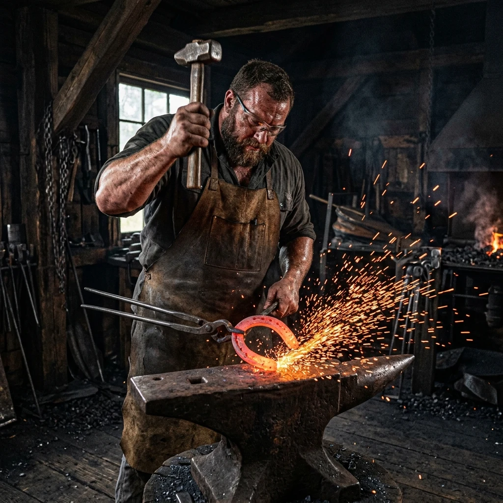 A blacksmith in a leather apron hammering a glowing red horseshoe on a heavy iron anvil…