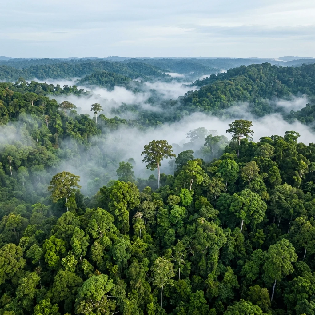 An aerial drone shot looking down on the dense