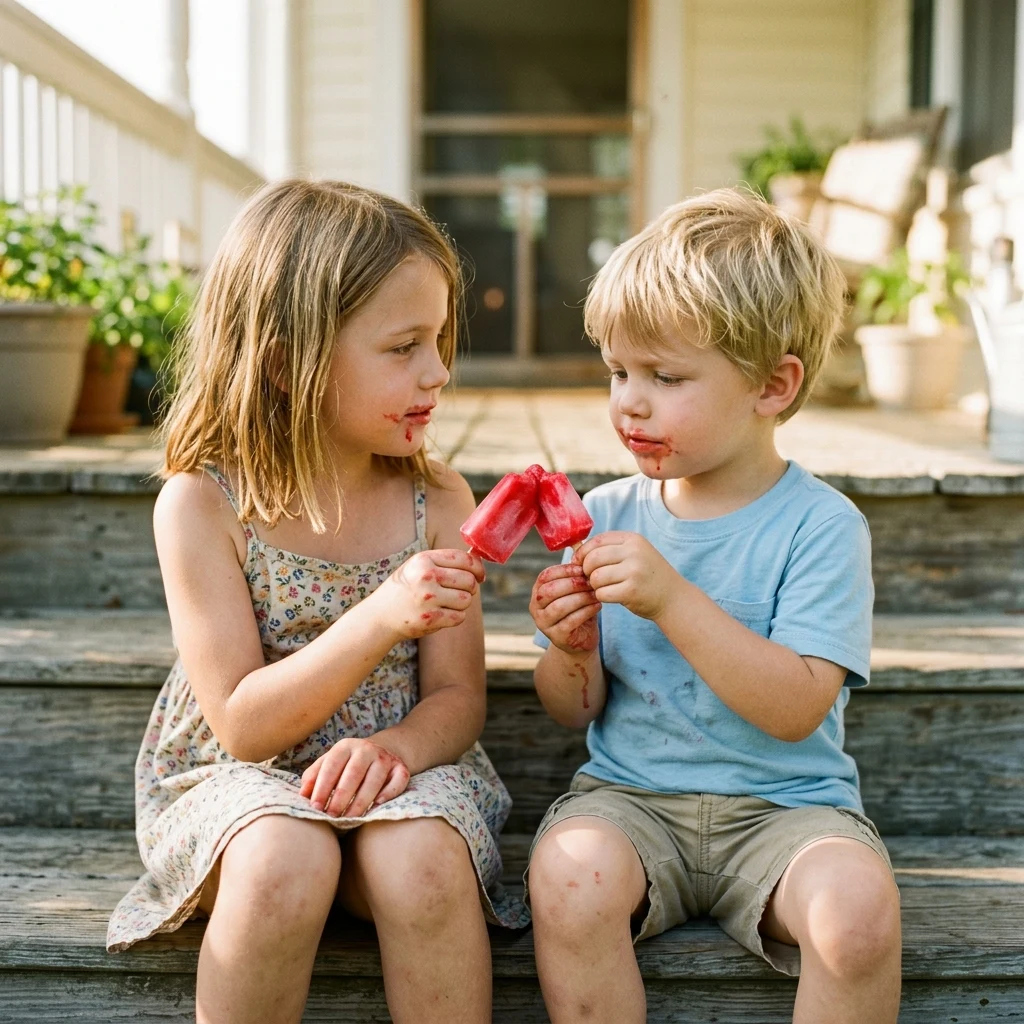 A seven-year-old girl and her five-year-old brother sitting on a porch step in July