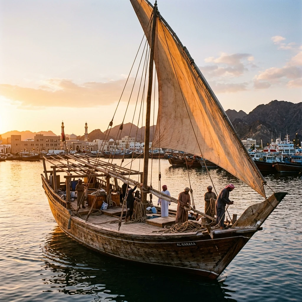 A wooden dhow returning to a harbor at golden hour