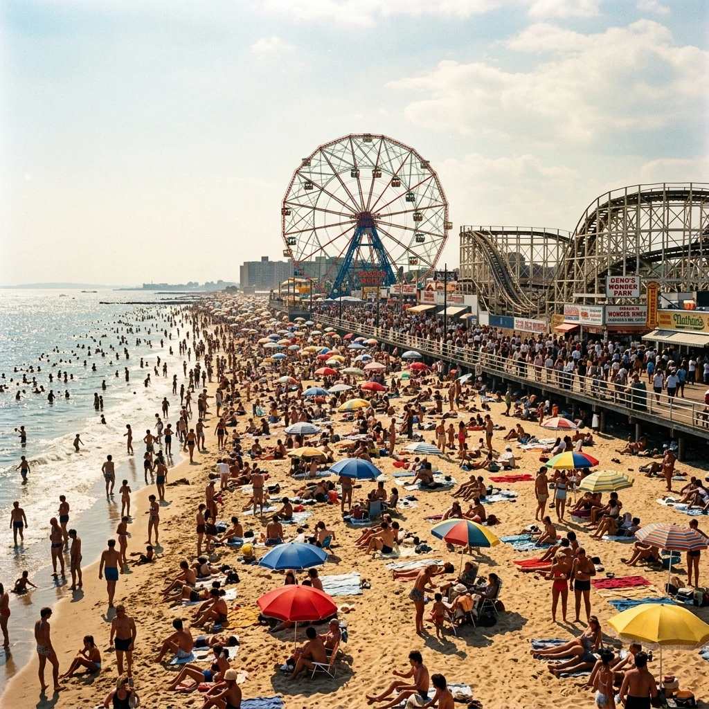 A packed afternoon at Coney Island Beach in Brooklyn
