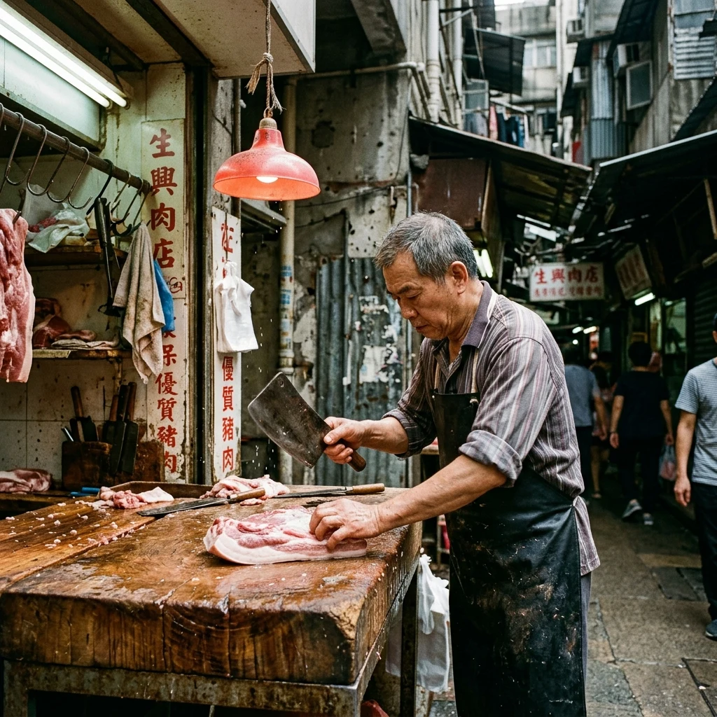 A butcher hacking pork on a wooden block at the perimeter of Kowloon Walled City during…