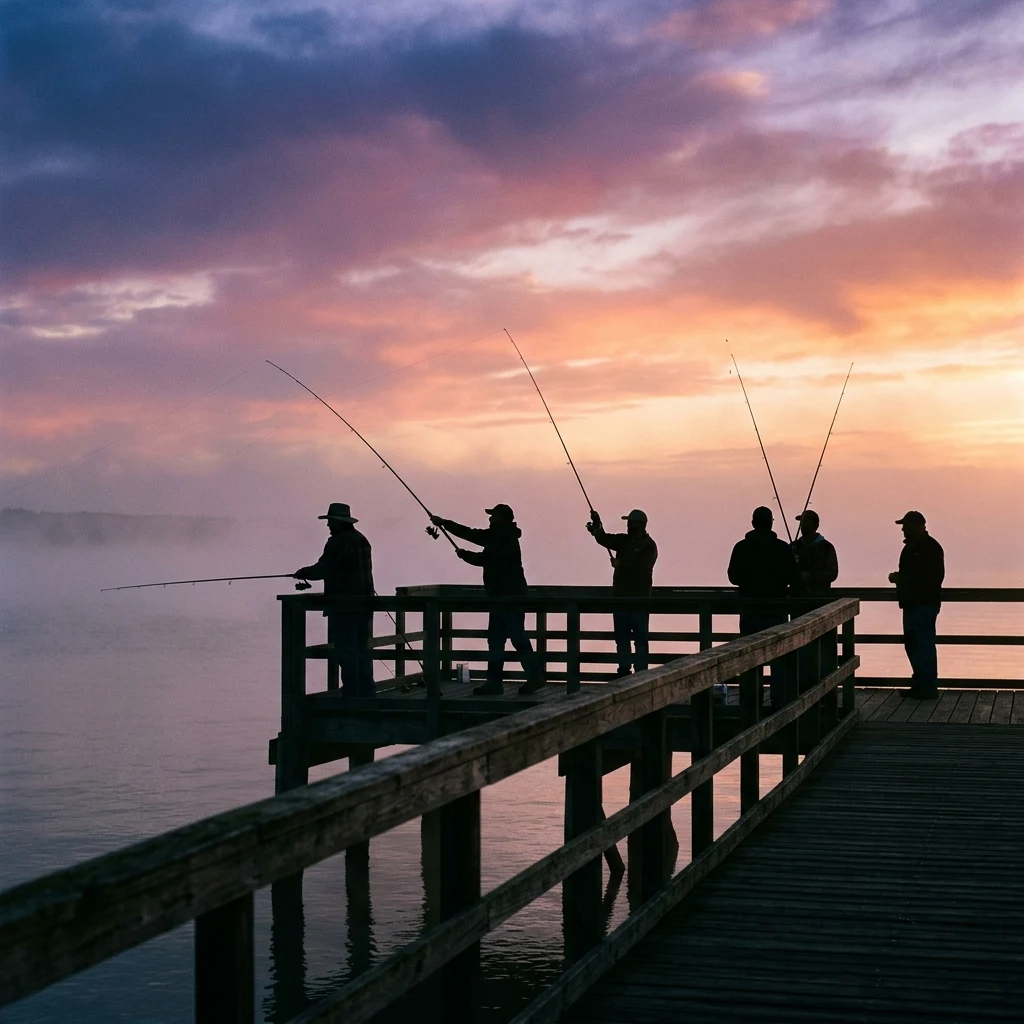 Anglers casting from a pier at dawn