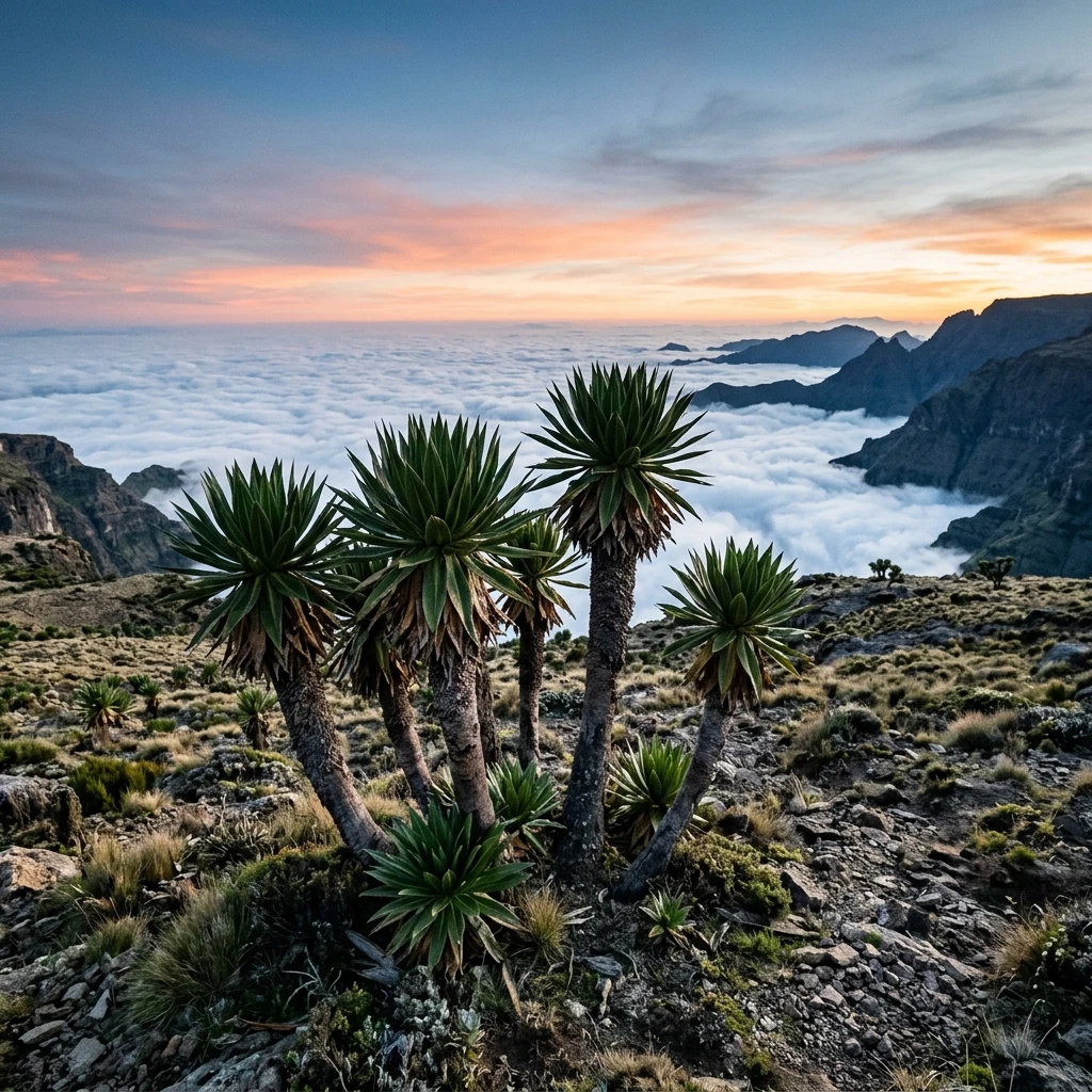 Giant lobelia plants standing like prehistoric sentinels on a windswept alpine plateau in…
