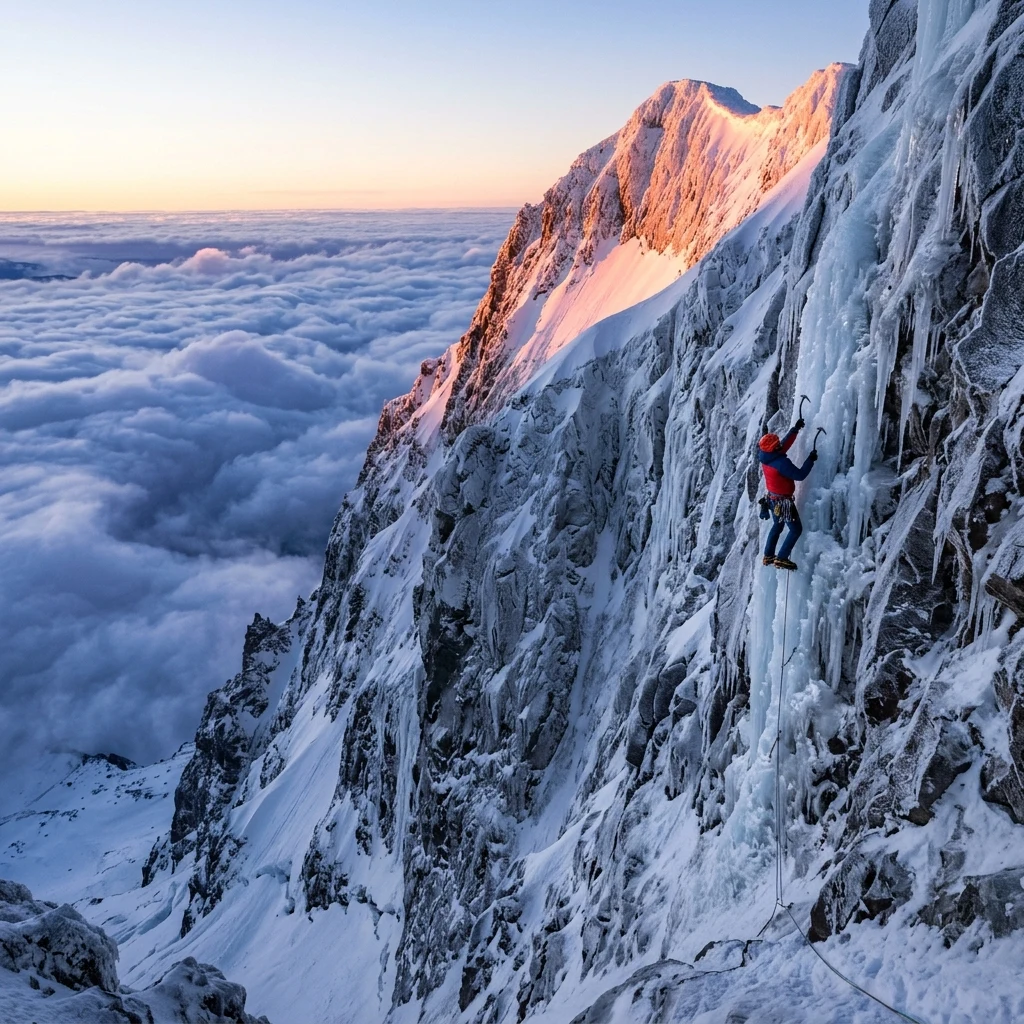 A lone climber ascending the icy headwall of Mount Hood in the Cascades at dawn