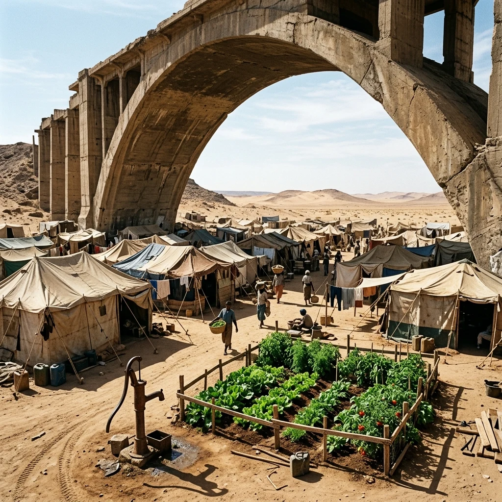 A makeshift desert survival settlement built inside the hollowed-out concrete foundation…