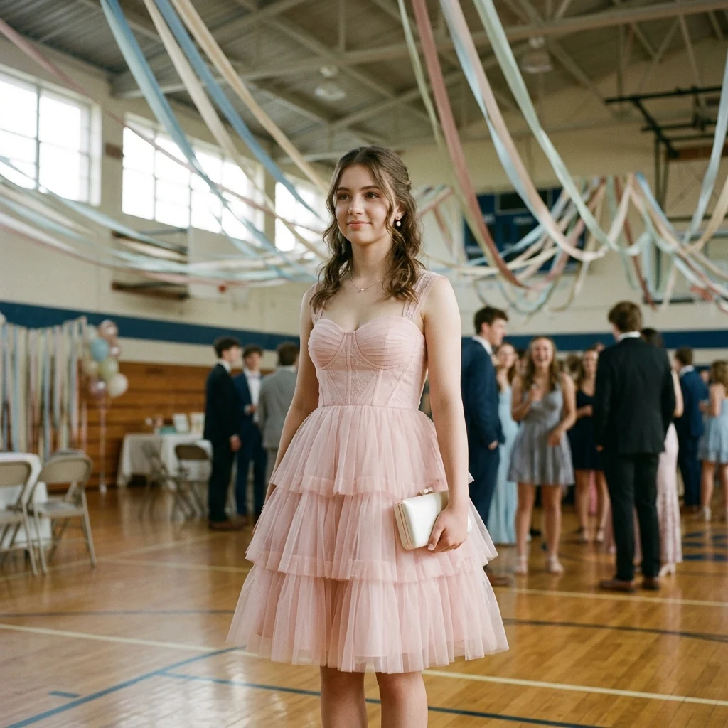 Elegant dress in a decorated gymnasium
