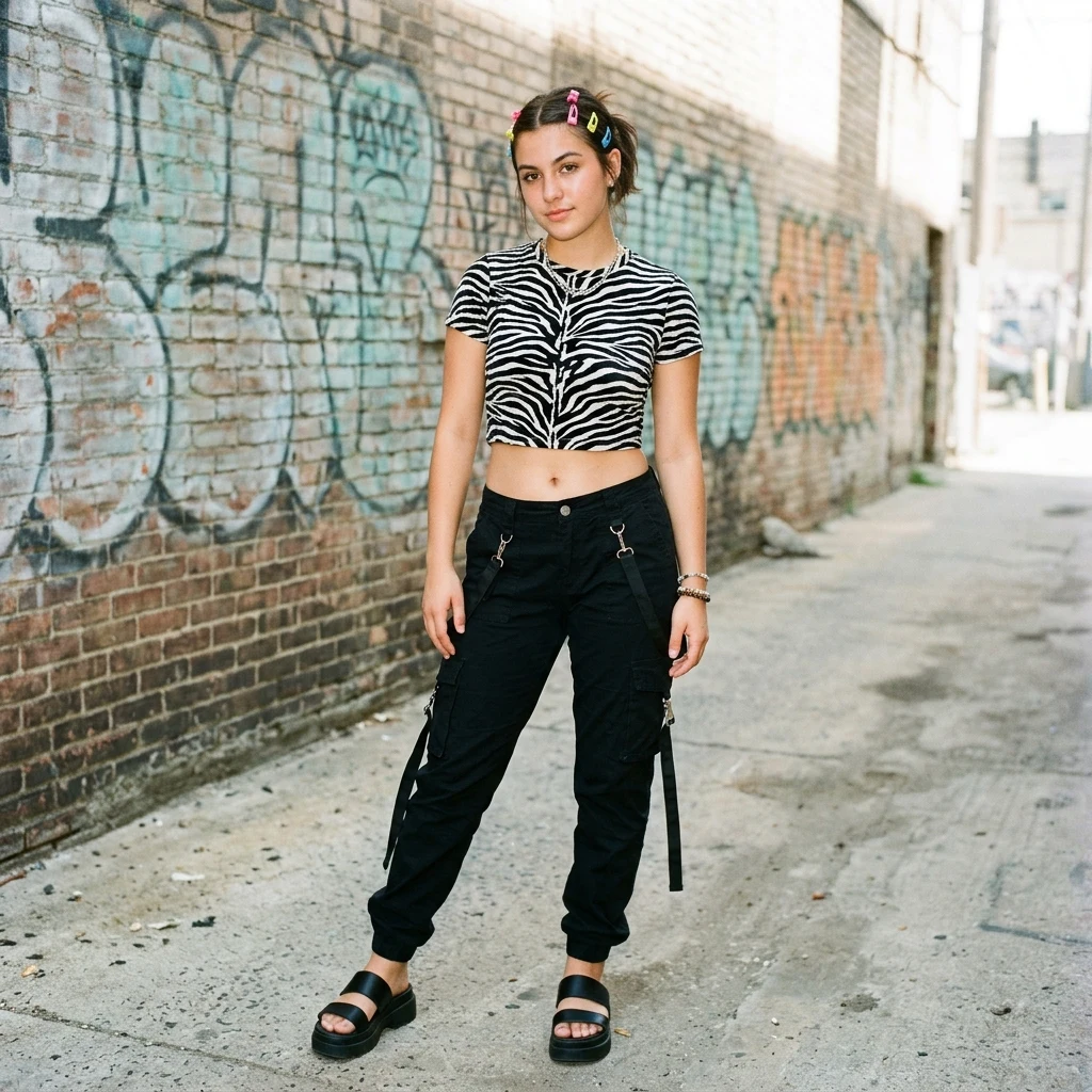Bold patterned outfit in a city alley