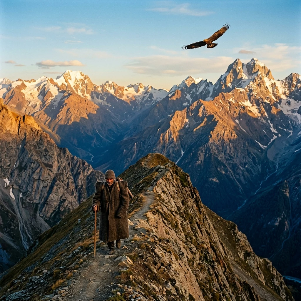 A mountain shepherd in a traditional felt burka coat walking along a razor-sharp ridge in…