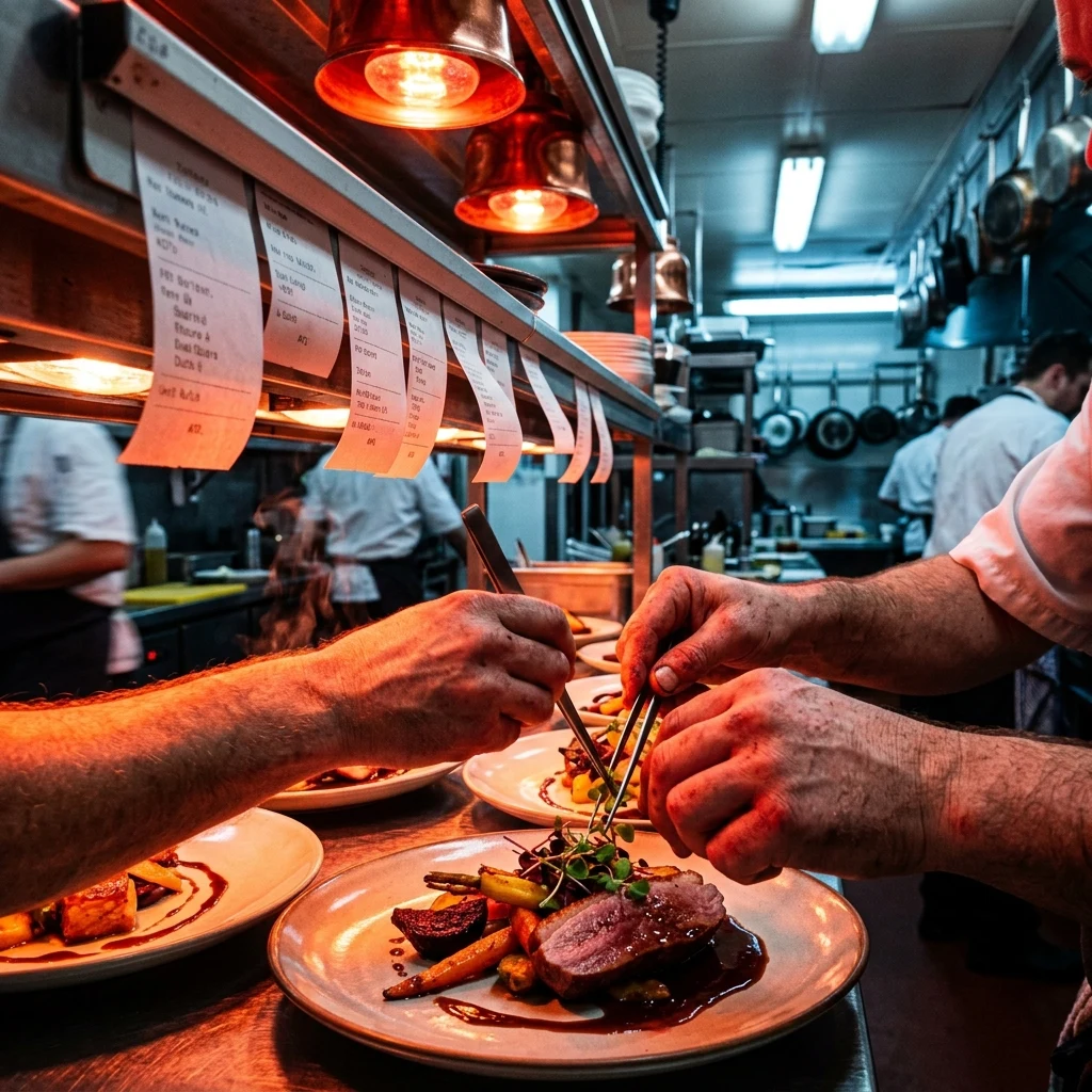 A line cook plating under heat lamps during a rush