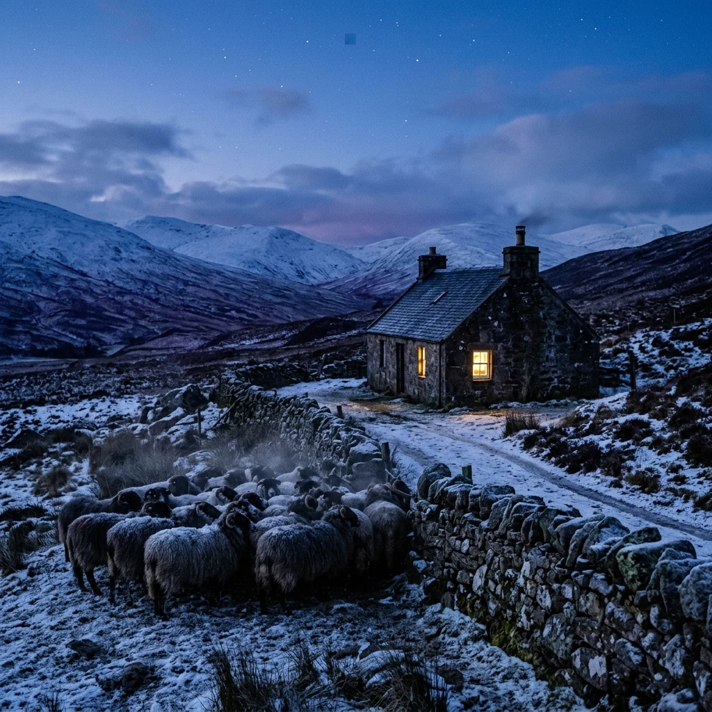 Cozy stone cottage in the snowy highlands