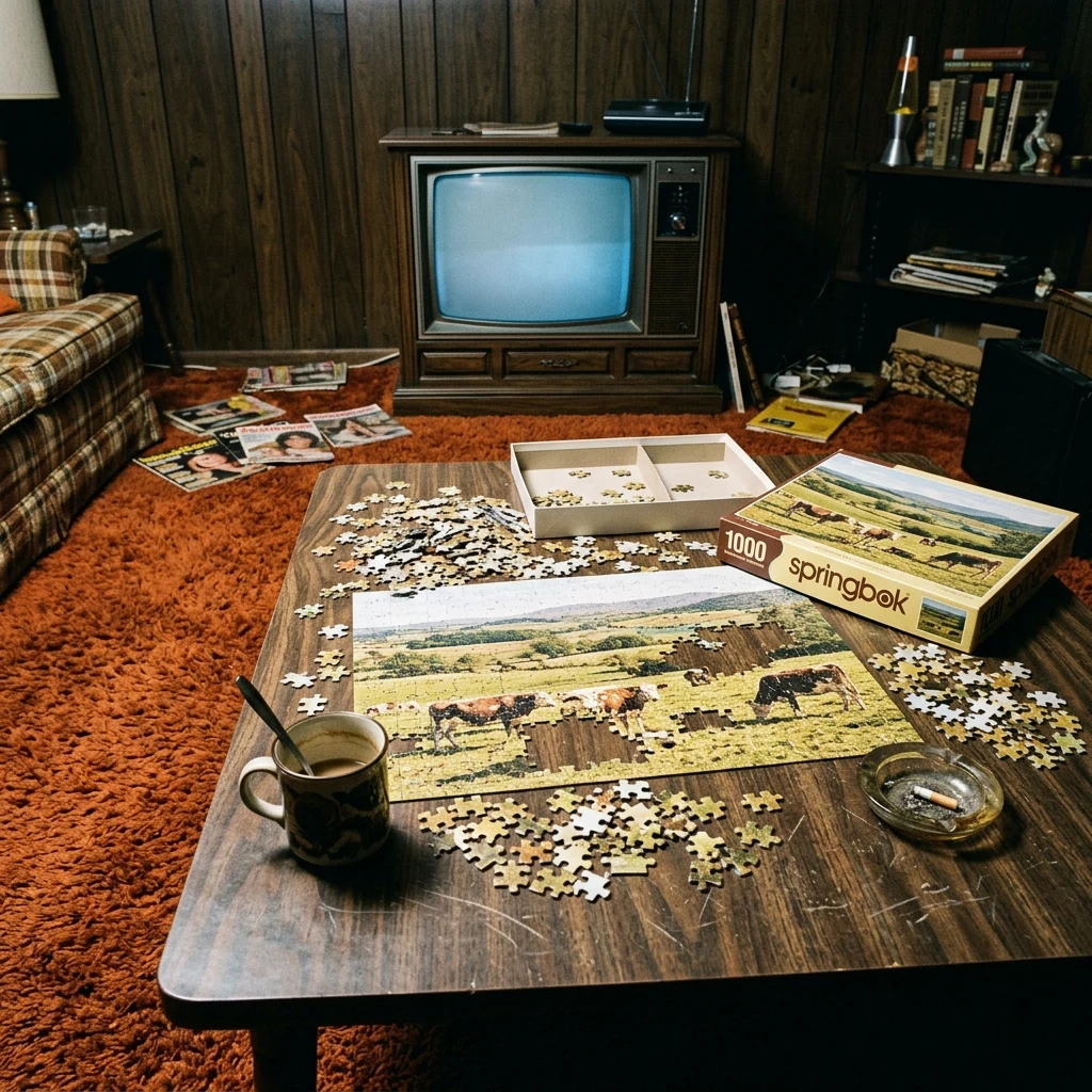 A 1970s wood-paneled basement rec room shot on Instamatic flash