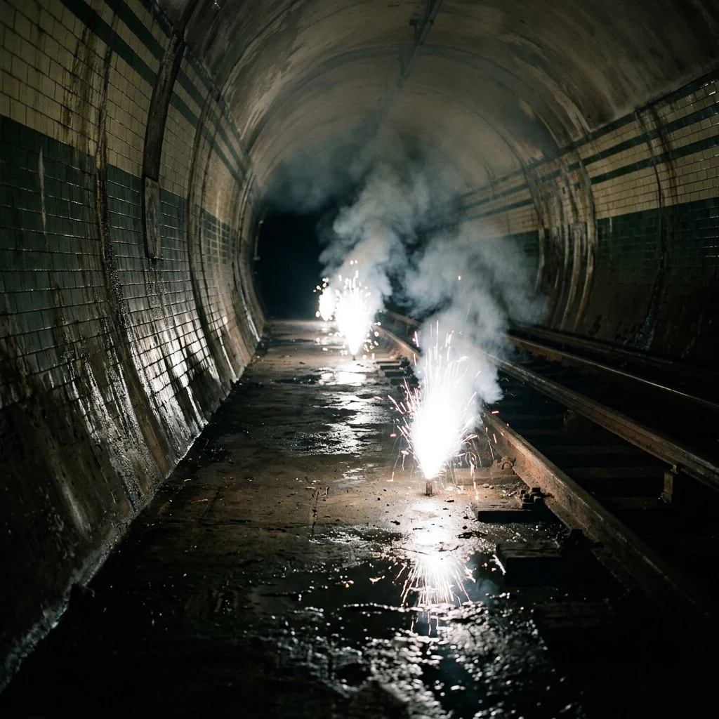 A trail of smoking calcium flares marking a safe pathway through a pitch-black…