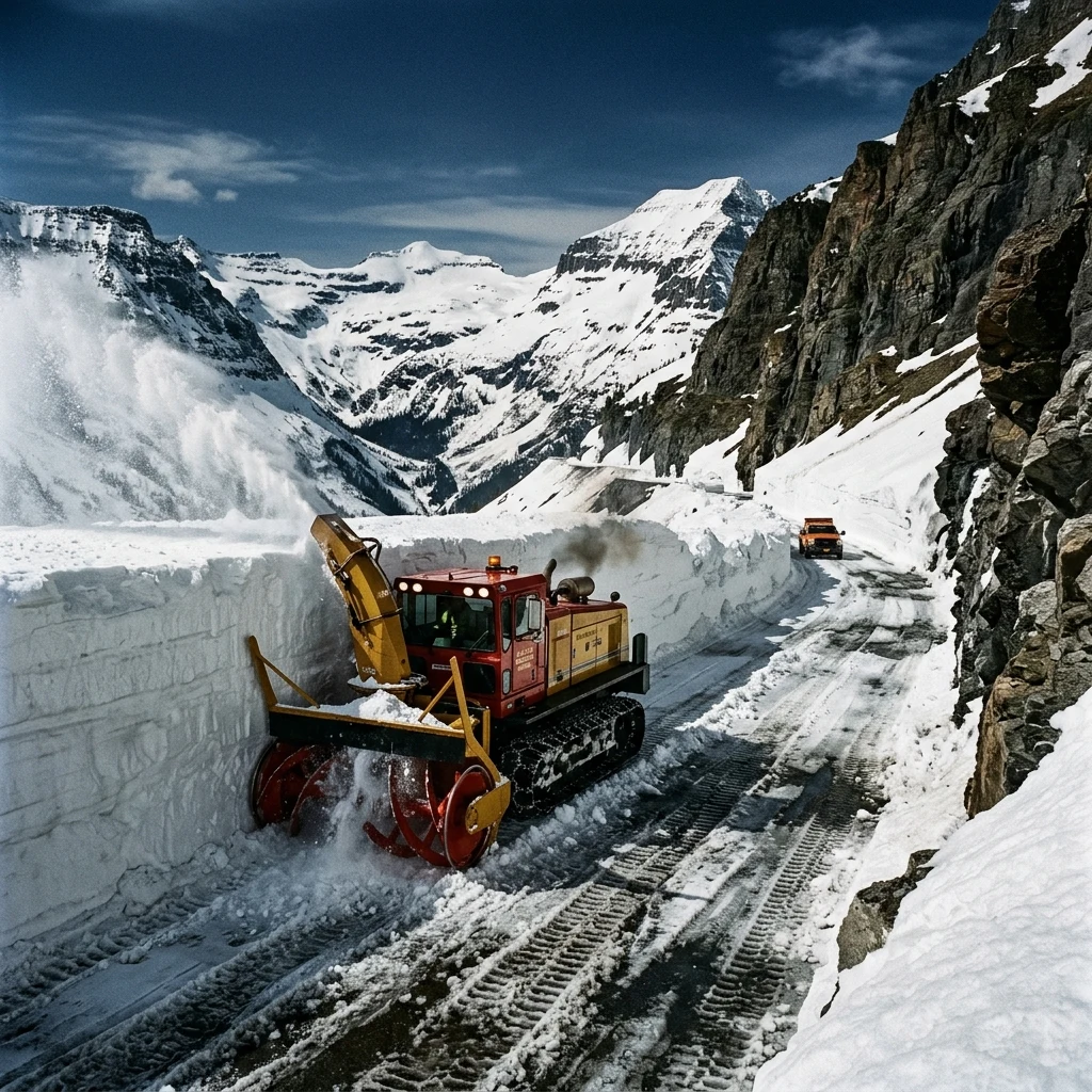 A snowplow opening Going-to-the-Sun Road in the Rockies