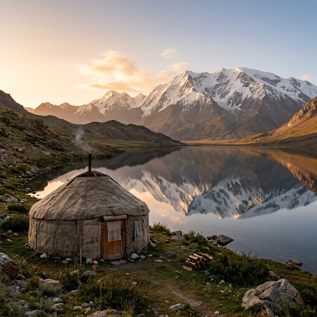 A traditional felt yurt pitched beside a mirror-still alpine lake in the Altai region
