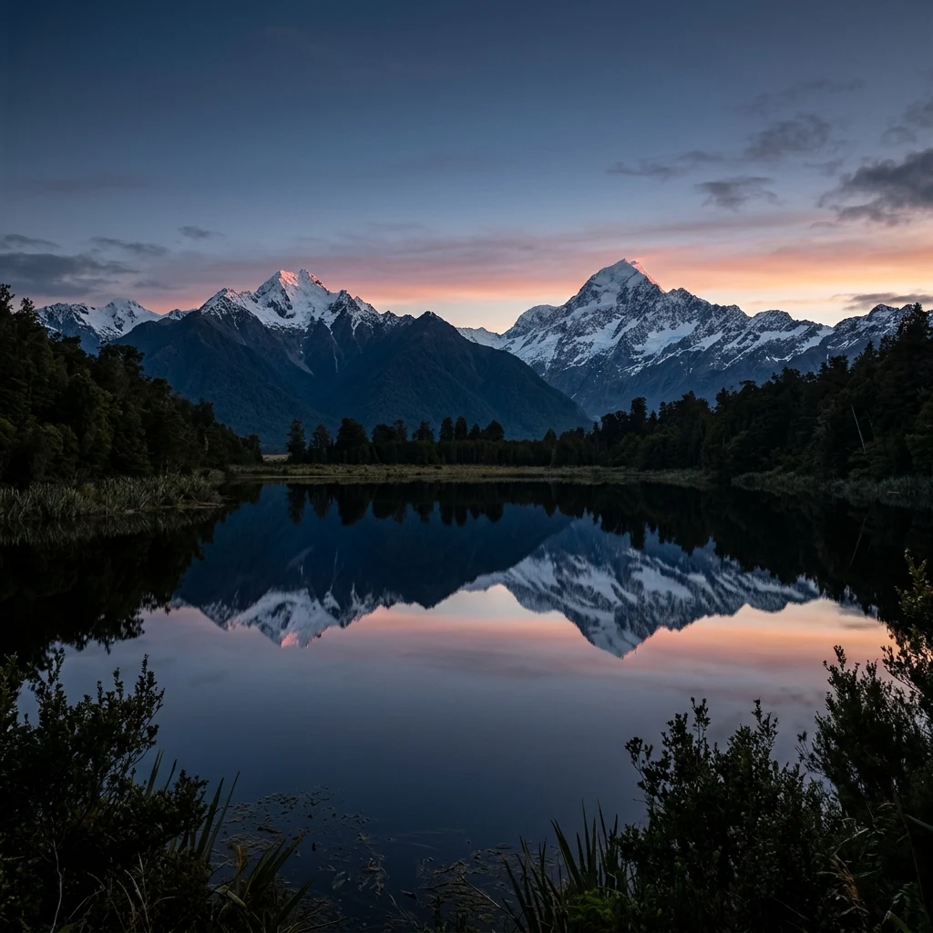 Reflections of Mount Tasman and Mount Cook in the dark
