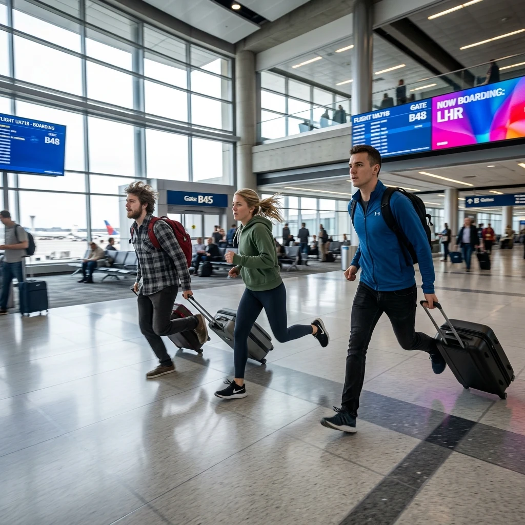 Siblings rushing through an airport terminal