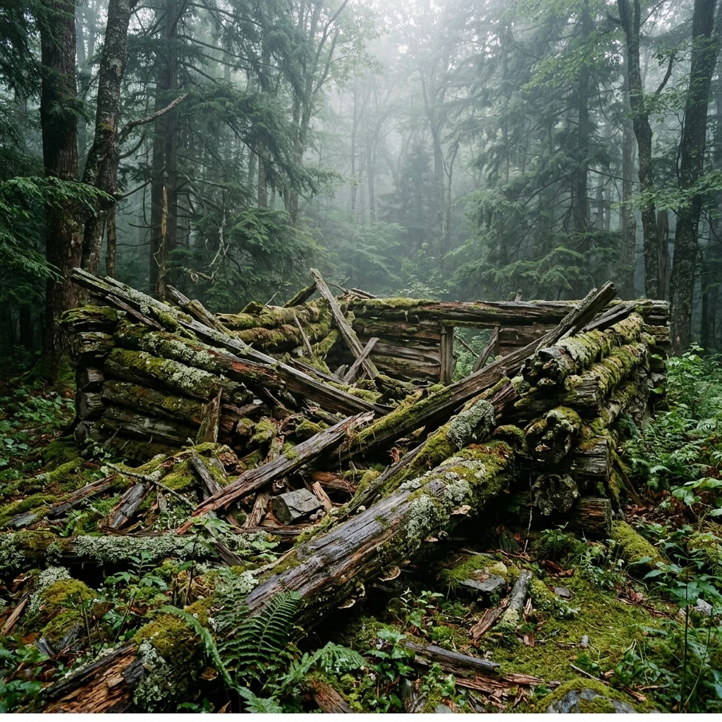 A collapsed log cabin in the Appalachian mountains
