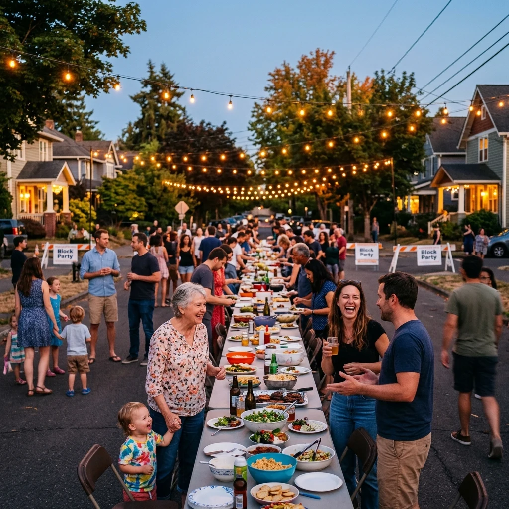 Neighbors gathering for a festive block party