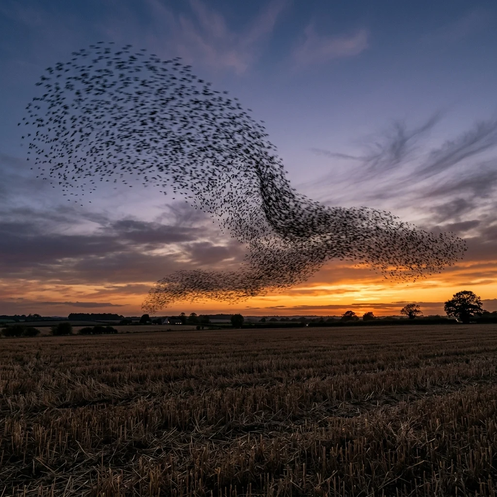 Swirling murmuration of birds at twilight