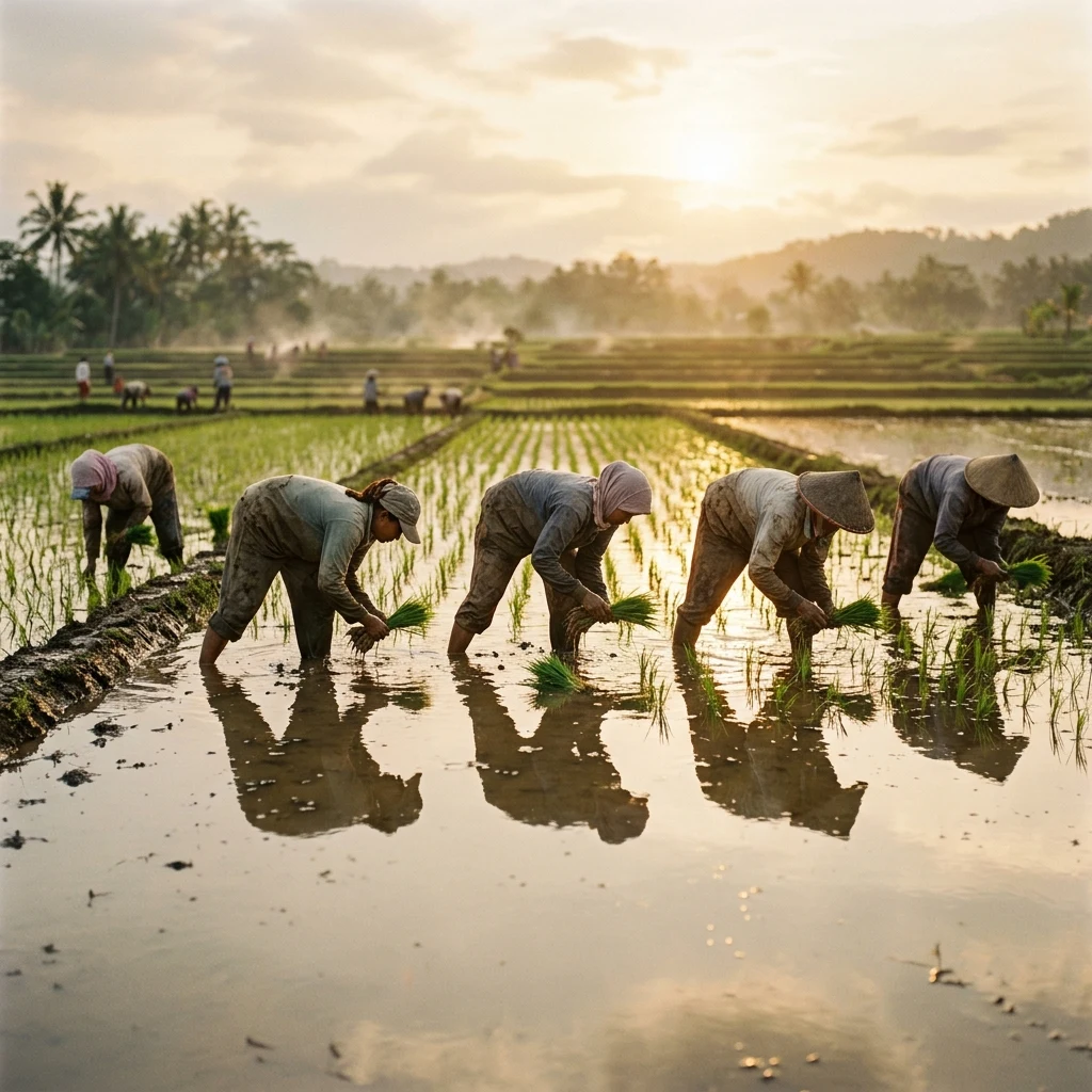 A hand-transplanting crew working a flooded paddy at low sun