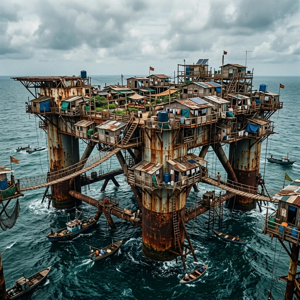 An abandoned offshore oil platform converted into a fortified coastal commune