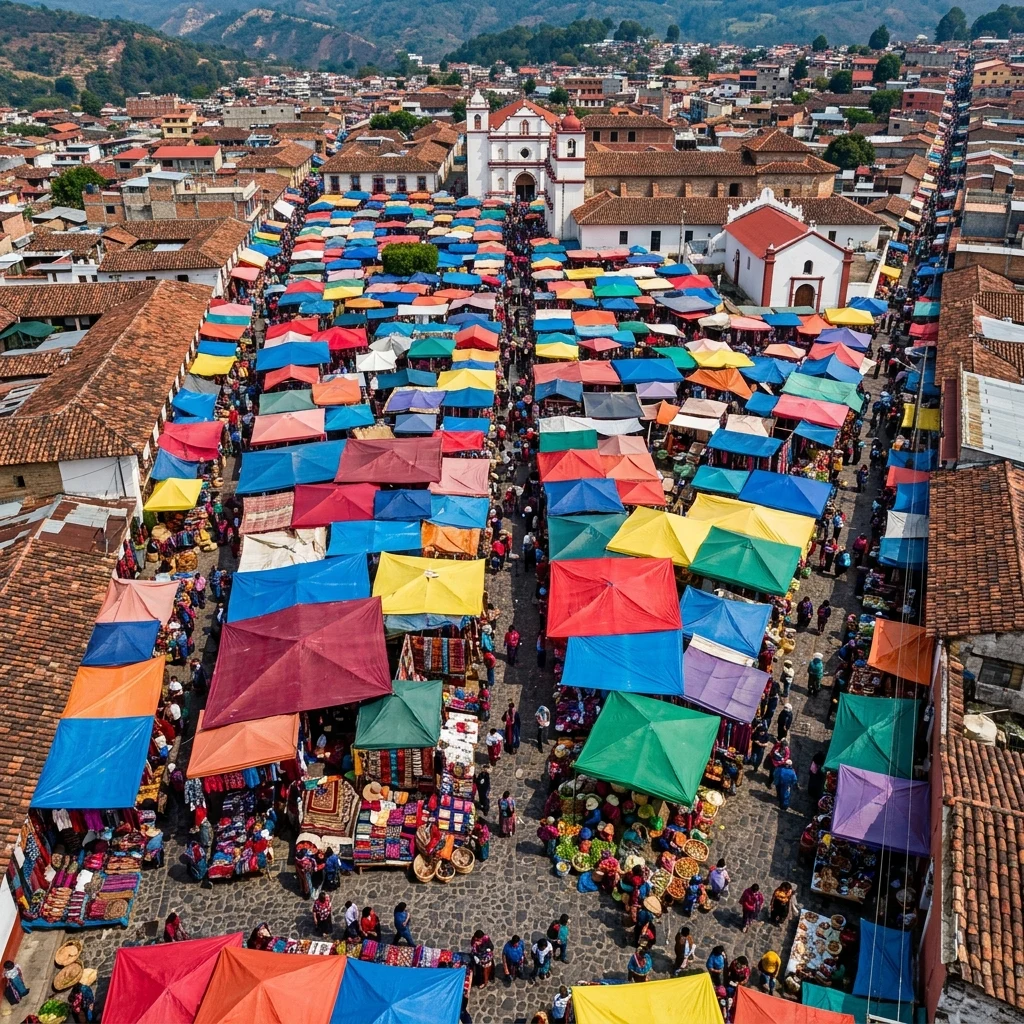 An aerial drone shot of the Chichicastenango market in Guatemala