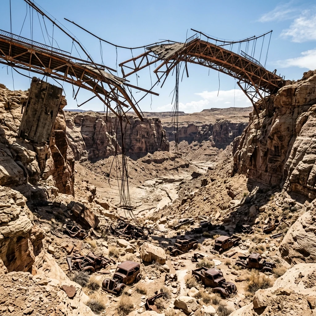 Ruined bridge over a deep desert canyon