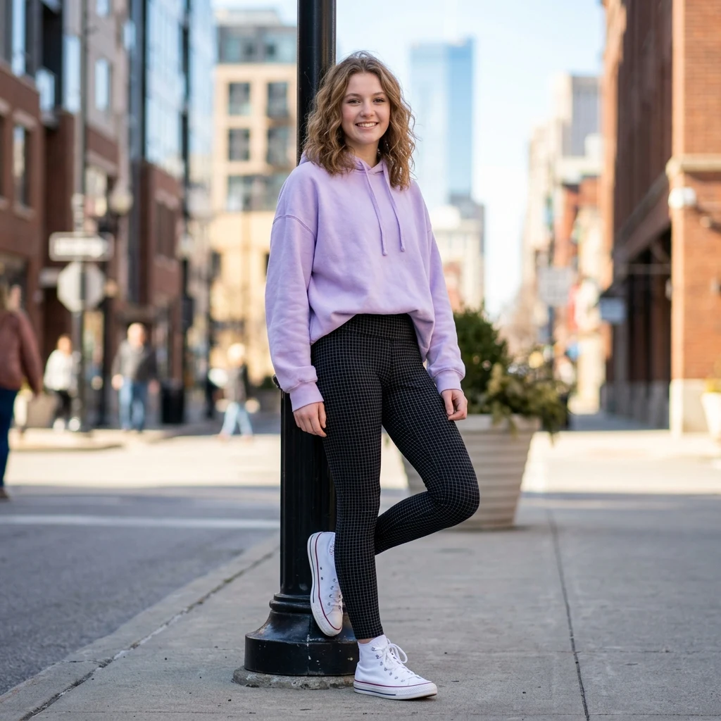 Person in a lavender hoodie on a street corner