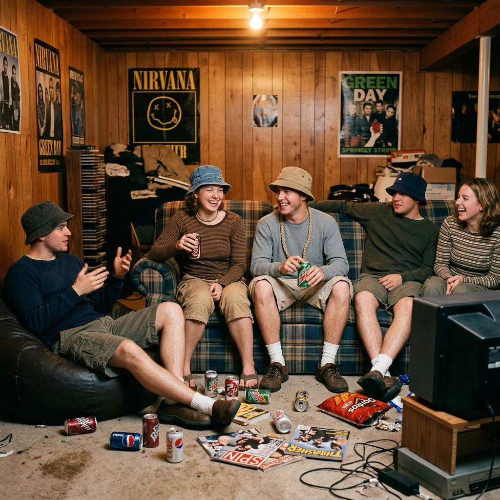 A group of 1990s teens at a basement party