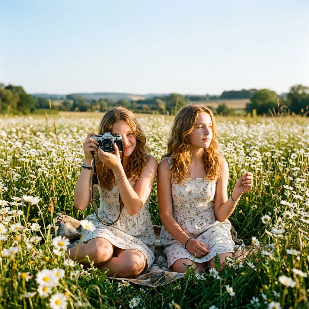 Friends sitting in a field of daisies