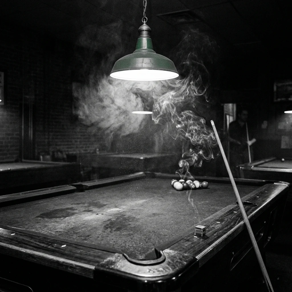 A vintage 1970s pool hall lit solely by green-felt-pendant lamps hanging over mahogany…