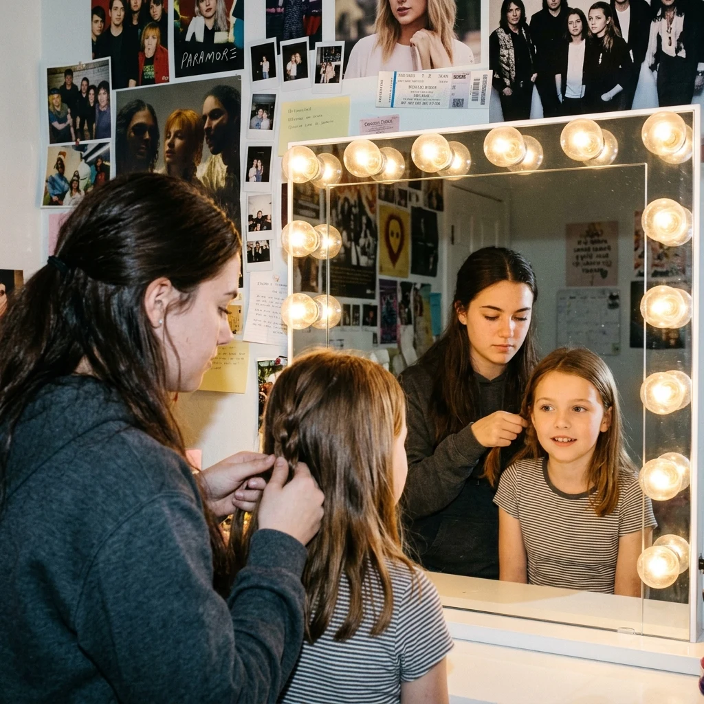 Braiding hair in front of a mirror