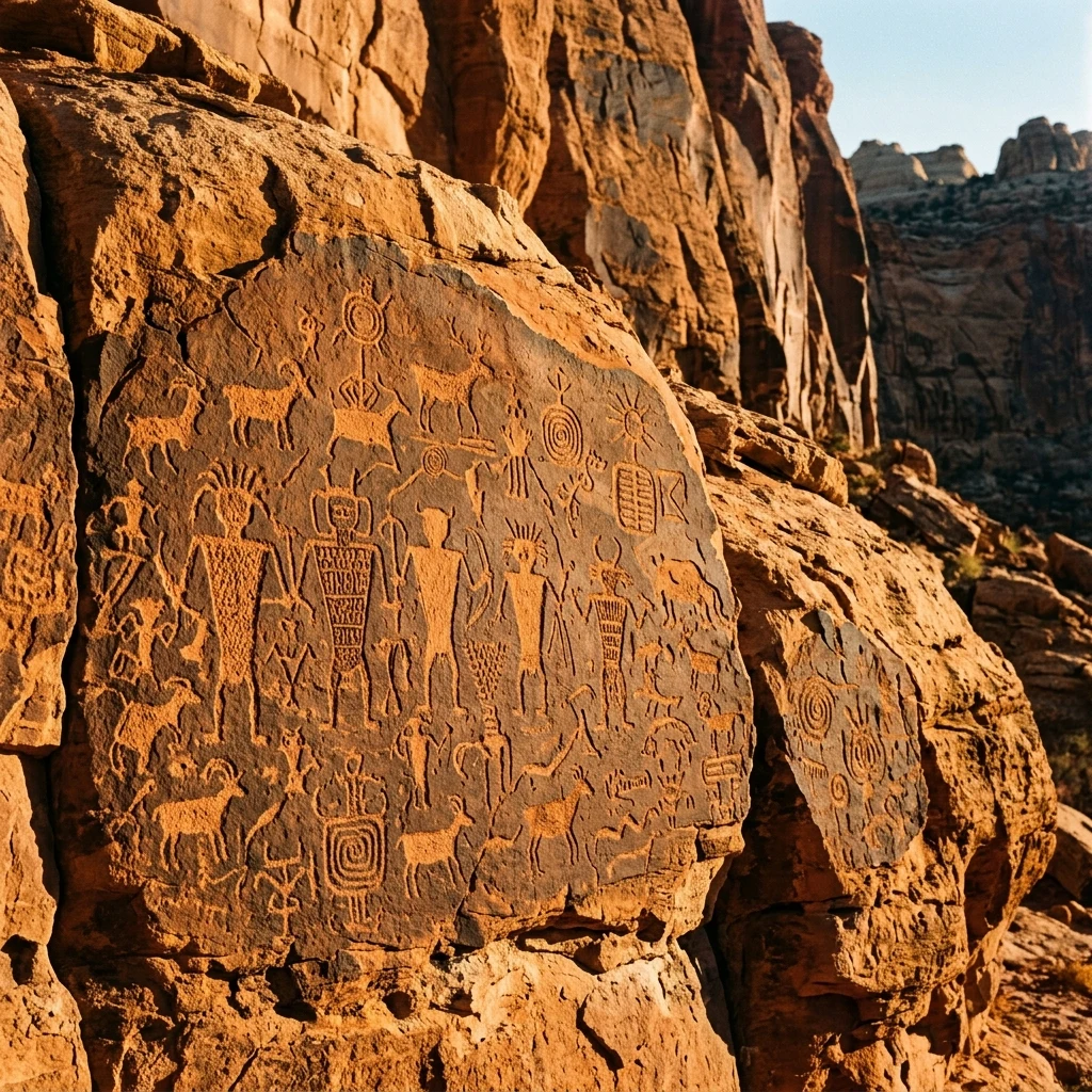 Ancient petroglyphs carved into red sandstone canyon walls in Wadi Rum