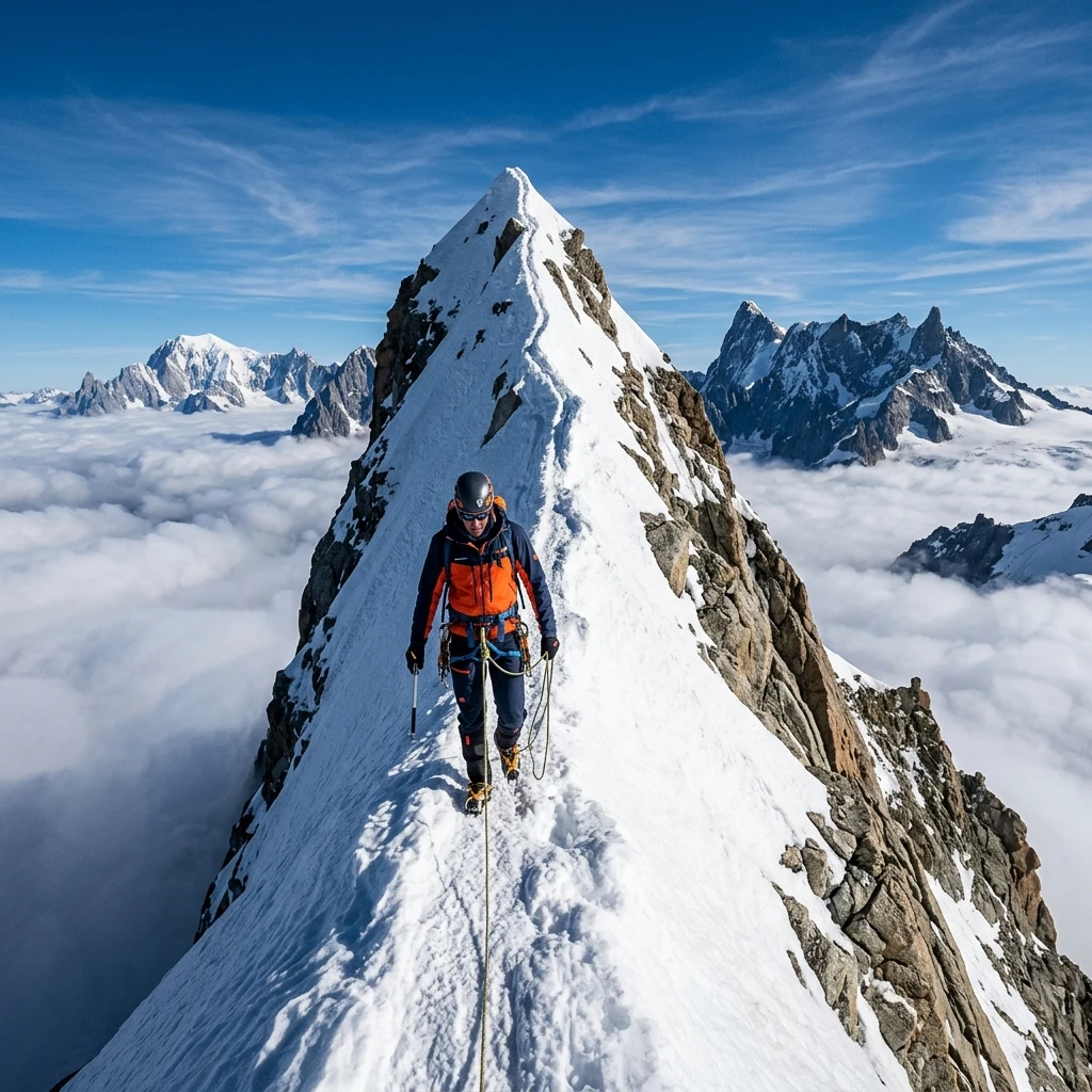 National Geographic style landscape of a lone climber ascending a sharp snow arête on…