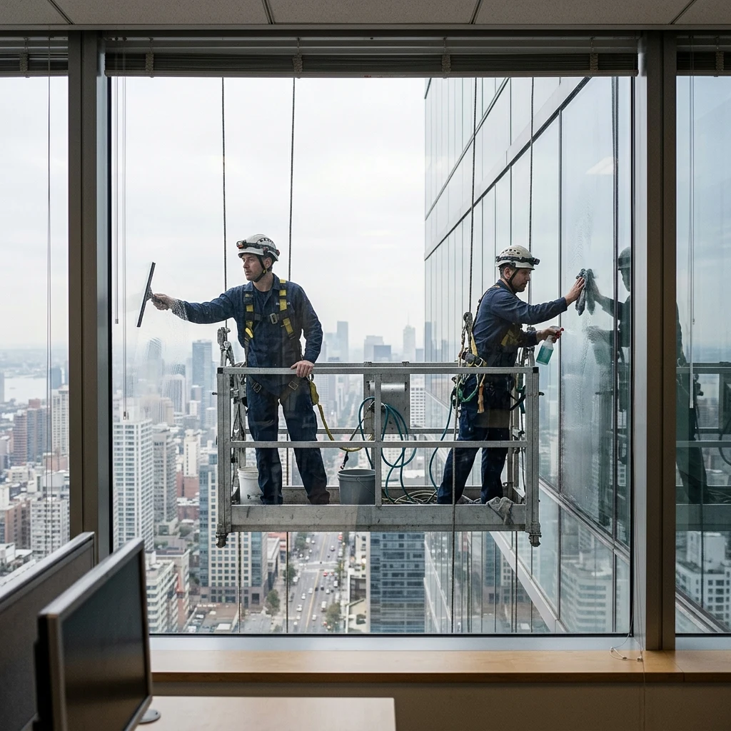 Window washers on a suspended scaffold photographed from inside an office
