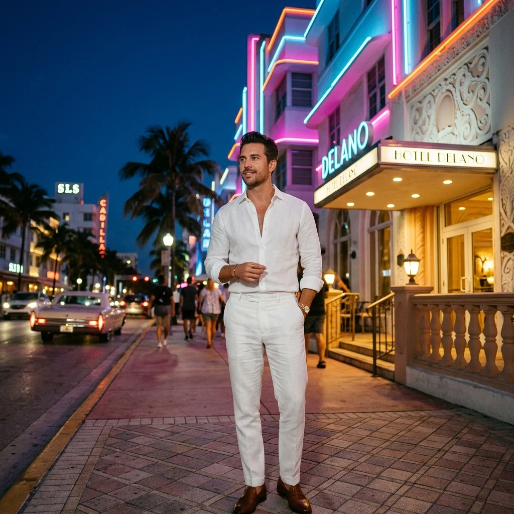 Man in linen standing by neon lights