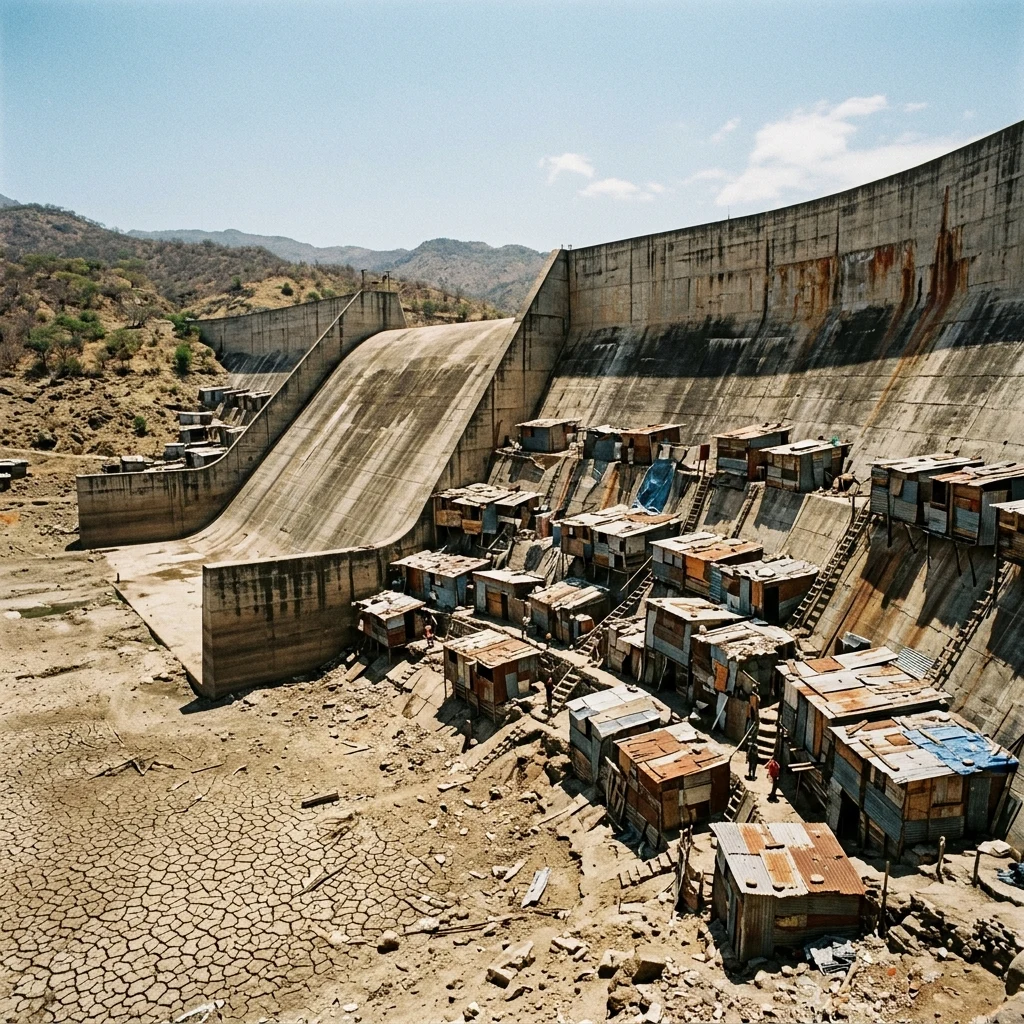 A post-apocalyptic mega-structure hydroelectric dam with a dry