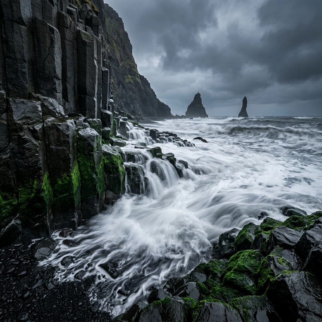 A volcanic basalt coastline in a storm